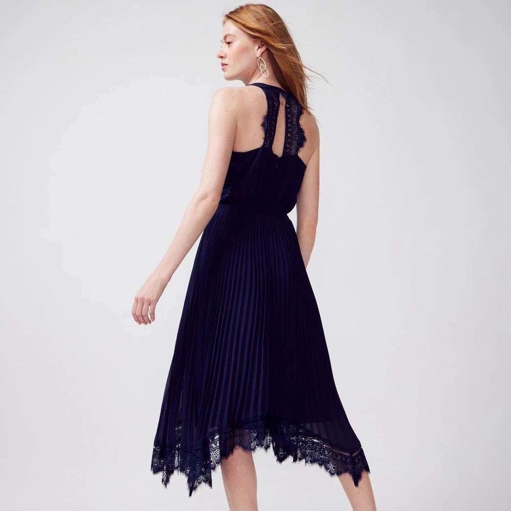 WHBHM Halter Navy Blue Sleeveless Lace-Trim Midi Dress - Worn Once